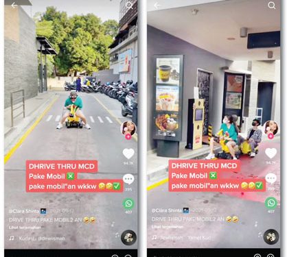 Beli Makanan Cepat Saji, Cewek Kendarai Mainan Anak-anak