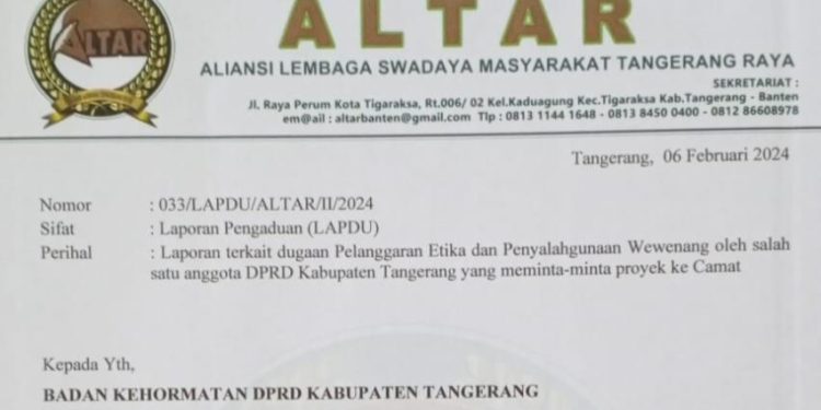 Oknum Anggota DPRD Kabupaten Tangerang Diduga Minta Proyek, LSM Lapor ke Badan Kehormatan DPRD dan Kejaksaan