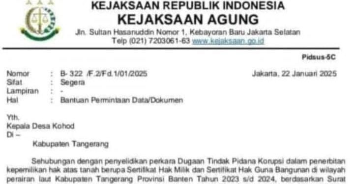 Beredar di WhatsApp Grup, Surat Kejagung RI Minta Data ke Kades Kohod Soal SHM dan SHGB Laut