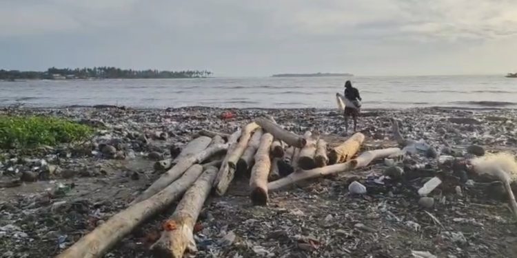 Gelombang Laut Tinggi, Sampah dan Kayu Gelondongan Menumpuk di Pesisir Teluk Labuan