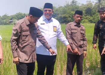 Kepala Kanwil BPN Provinsi Banten, Harison Mocodompis saat menanam patok batas di Yayasan Yabika, Desa Kutruk, Kecamatan Jambe, Kabupaten Tangerang, Rabu 6 Mei 2026.