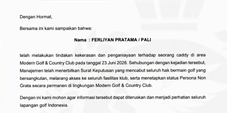 Pelaku Penganiaya Caddy Masuk Daftar Blakc List, Surat Larangan Disebar ke Lapangan Golf se-Indonesia
